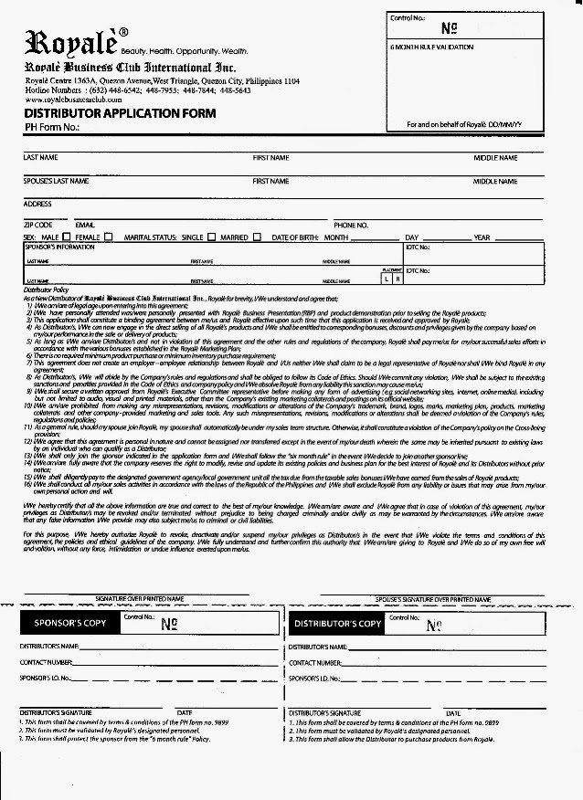 whoaroyale Royale Independent Distributor's Form (Sample Form)