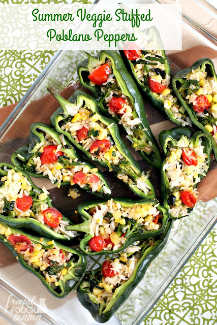Put all of those fresh garden & farmers market veggies to tasty use with this recipe for Summer Veggie Stuffed Poblano Peppers.