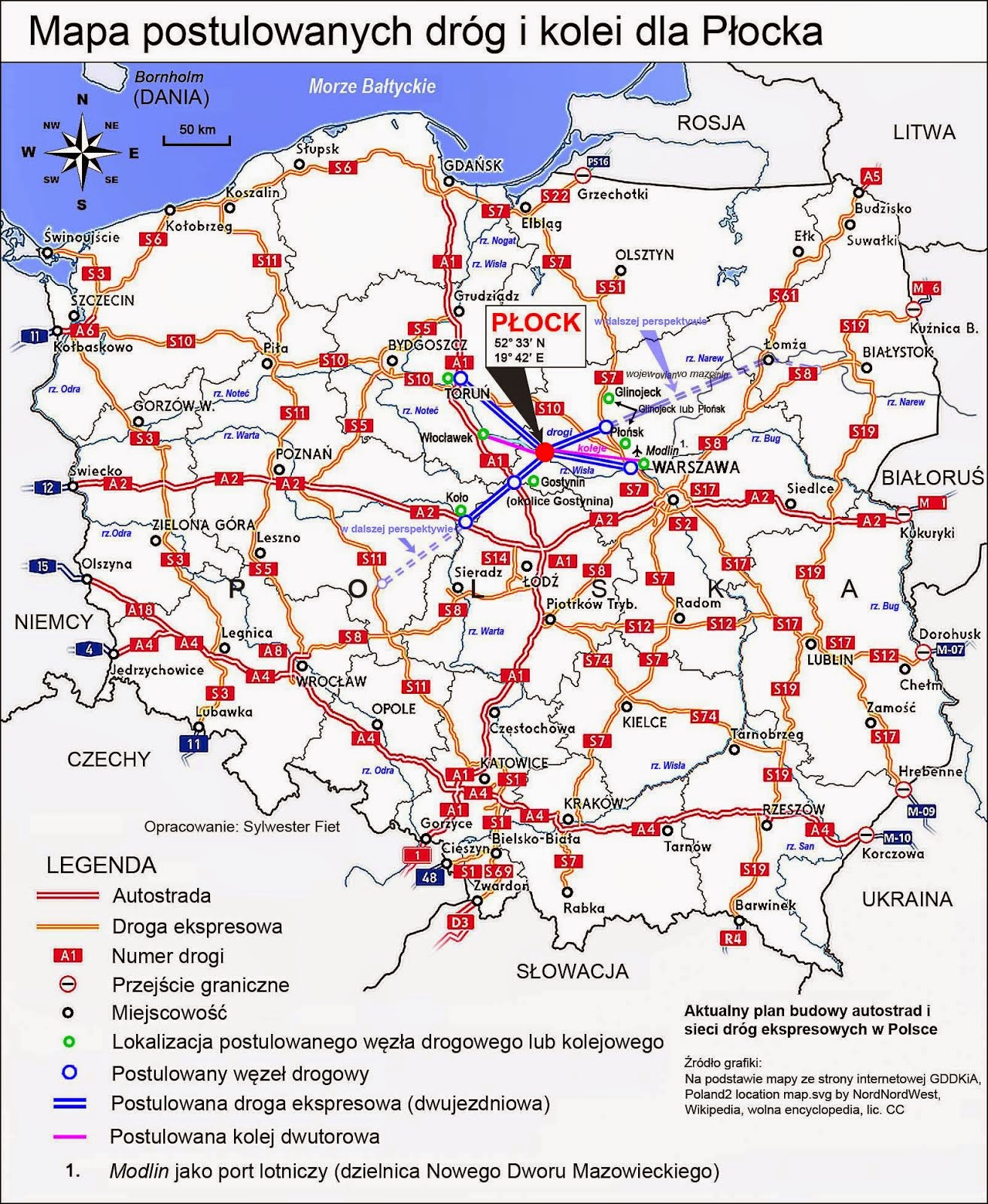 Mapa postulowanych dróg i kolei dla Płocka