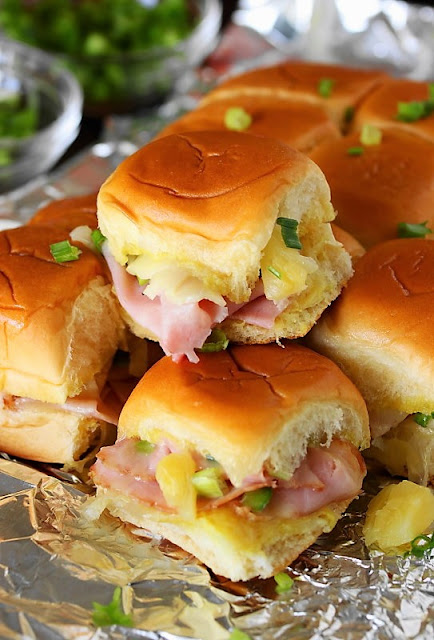 Hawaiian Ham & Cheese Party Sandwiches image ~ Give your party sandwiches a decidedly Hawaiian twist with a hearty and flavorful dose of pineapple.  They'll be gobbled up in no time at your next party or game day get-together!