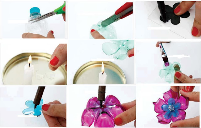 manualidad : Pequeñas flores de plástico hechas a partir del reciclaje de botellas de plástico