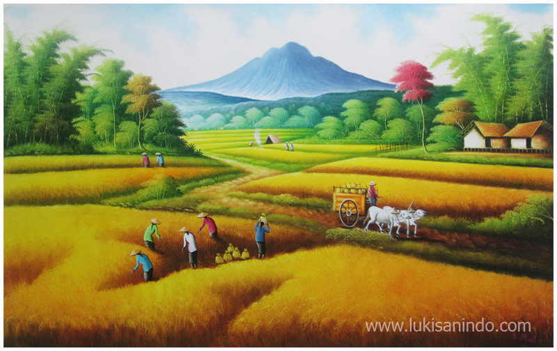Gambar lukisan pemandangan sawah padi