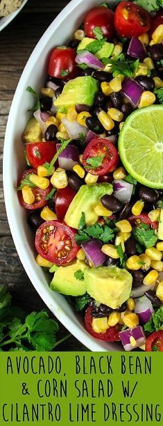 Avocado Black Bean Corn Salad ~ fast, easy, fresh and colorful! No cooking required - just chop the veggies and toss with a zesty Cilantro Lime Dressing.