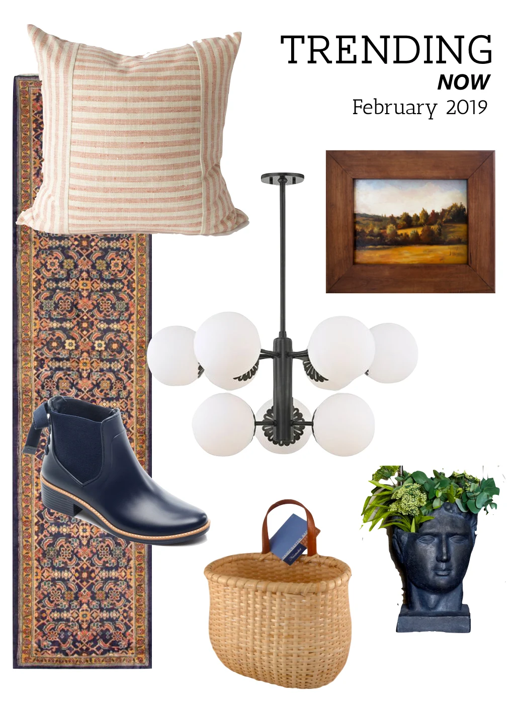 Home design trends for spring 2019. Vintage rugs, coral pillows, landscape paintings, globe chandeliers, wall baskets
