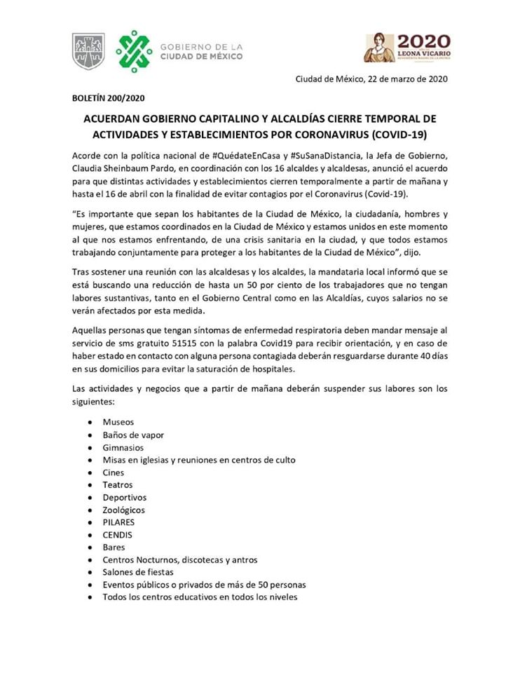 Acuerdan Gobierno Capitalino y Alcaldías cierre de actividades y establecimientos por el COVID-19