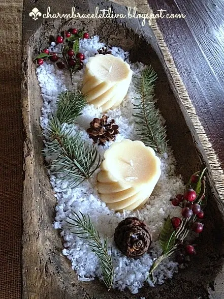 rustic Christmas centerpiece dough bowl greens berries pinecones