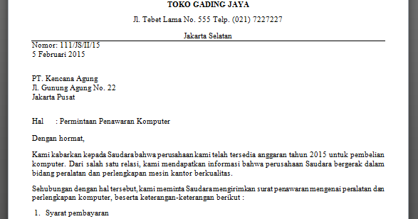 Contoh Surat Semi Block Style Surat Pesanan
