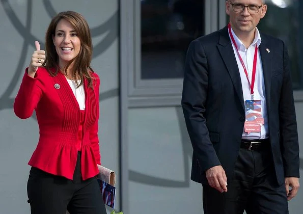 Princess Marie wore Giorgio Armani red  jacket and she carried By Malene Birger clutch bag at Former President Barack Obama's event at SDU