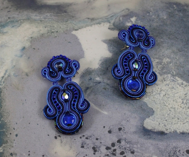Elegant earrings, blue cobalt soutache, handmade jewelry, long drop earrings