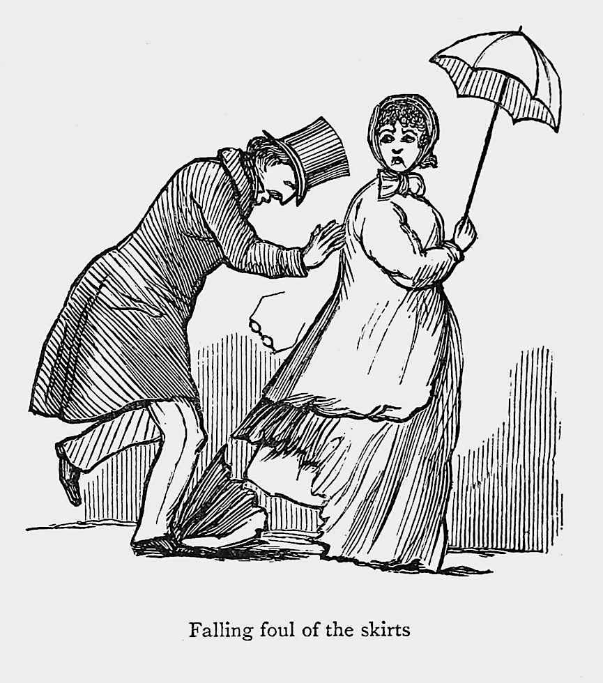 1862 William Makepeace Thackeray "Falling foul of the skirts", an 1862 cartoon by the writer William Makepeace Thackeray about clumsy awkwardness in public