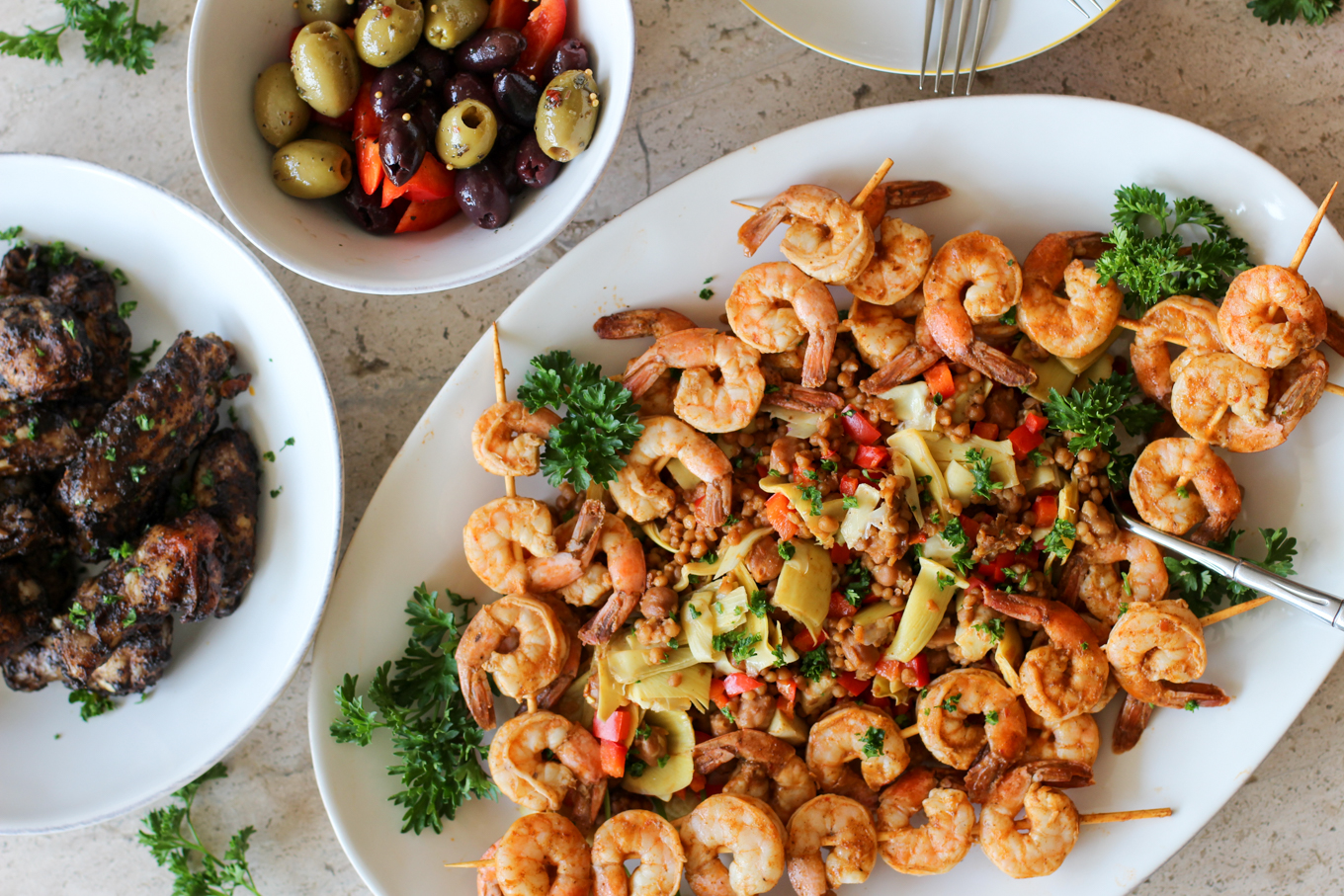 Mediterranean Chicken Wings, Shrimp & Couscous Salad Lake Shore Lady