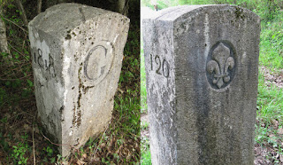 France - Suisse - entre Saint Genis Pouilly et Meyrin, près du CERN / LHC - borne frontière 121 - Le G symbolise Genève, la fleur de lys la France. La rainure sur le sommet de la borne matérialise la frontière.