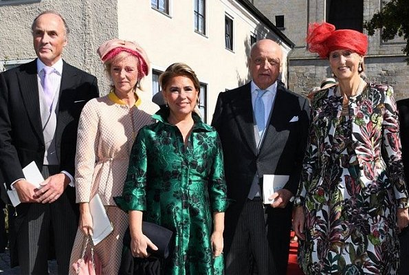 Grand Duchess Maria Teresa, Belgian Princess Astrid and her husband Prince Lorenz at wedding ceremony in Germany. wedding dress and tiara