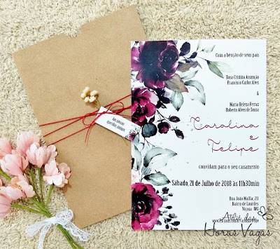 Convite de Casamento Rustico Floral Marsala envelope Kraft - Ateliê das  Horas Vagas - Aline Barbosa