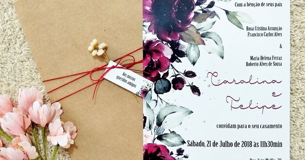 Convite de Casamento Rustico Floral Marsala envelope Kraft - Ateliê das  Horas Vagas - Aline Barbosa