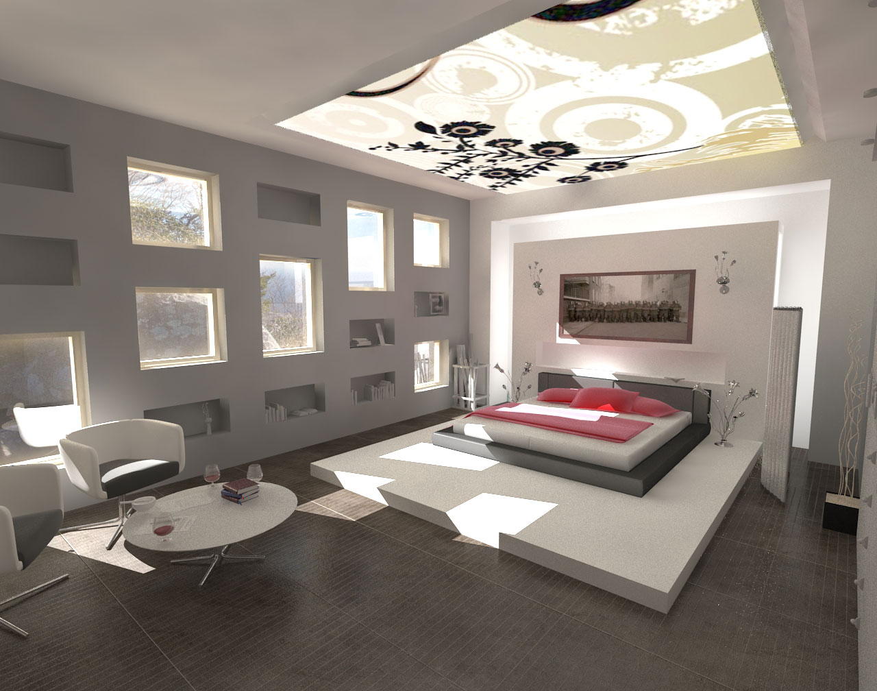 Minimalist bedroom interior design. white black kitchen units ...