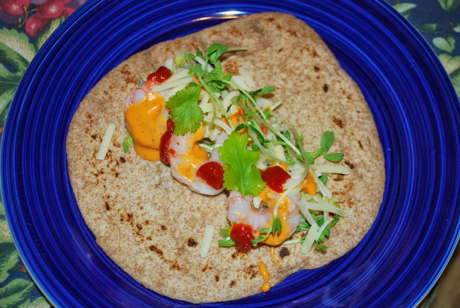 Shrimp wrap on whole wheat tortilla