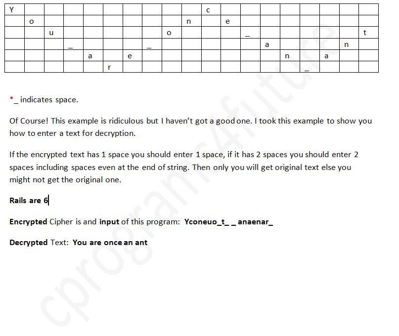 All C Programs Program 223Decryption of Rail Fence Cipher using C