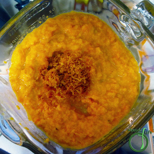 Morsels of Life - Sweet Potato Soup Step 3 - Blend mixture with orange zest. You could also just stir the orange zest in, but I wanted a smoother texture. Top with avocado before serving.