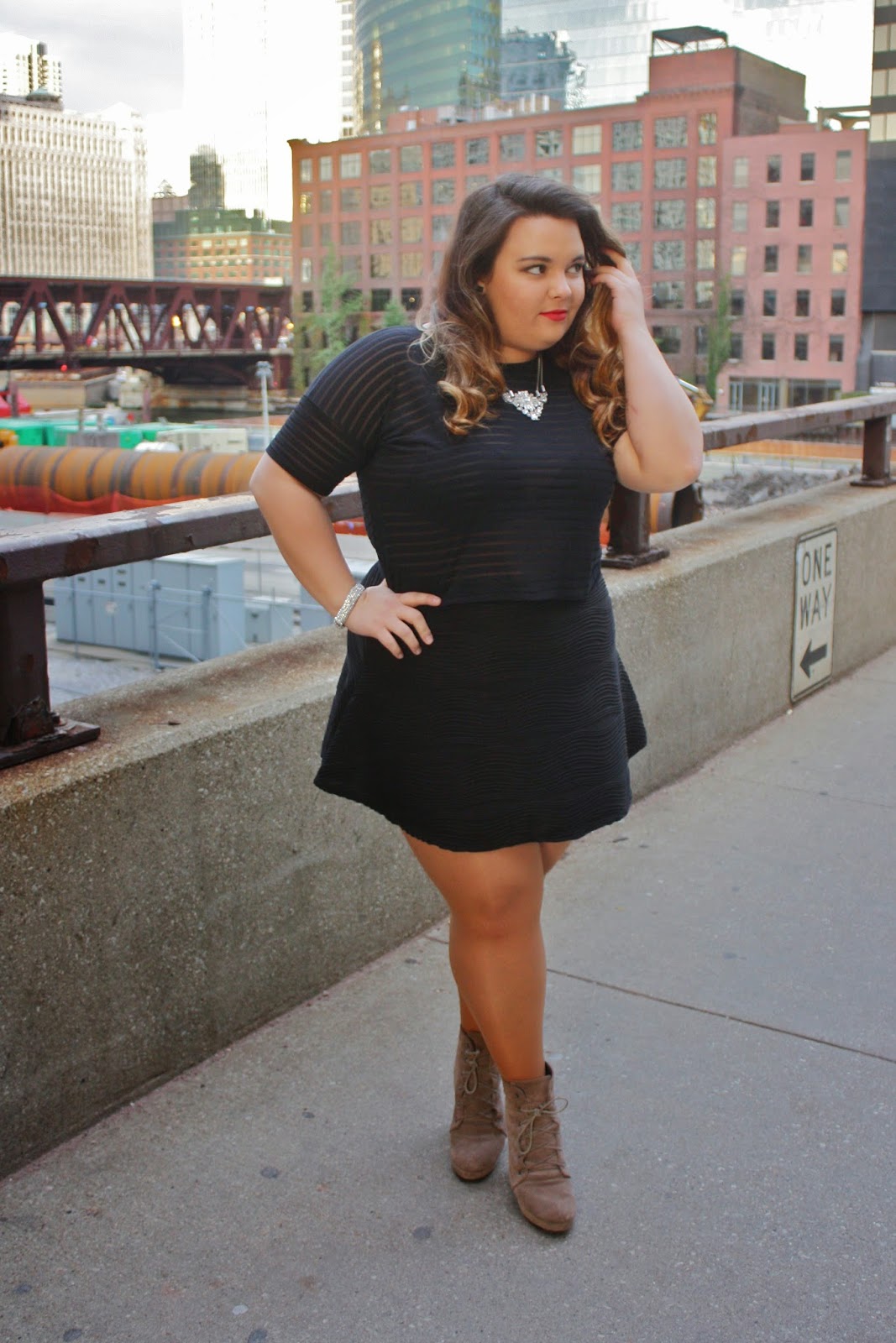 fatshion, fashion blogger, fat girl fashion, bare minerals, boohoo, tresemme, simon premium outlets, her campus, hercampus.com, college fashion week,Forever 21, wet seal plus, plus size fashionista, fashion blogger, chicago fashion week, natalie craig, natalie in the city, mesh, see through shirts, sheer stripes, ankle boots, silver accessories, statement jewlery, plus size fashion blogger, fashion week, ootd, circle skirt, red lipstick