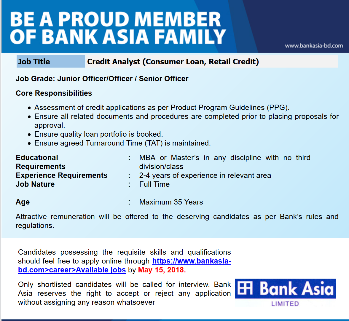 Bank Asia job circular 2018 Bank Asia job circular 2018
