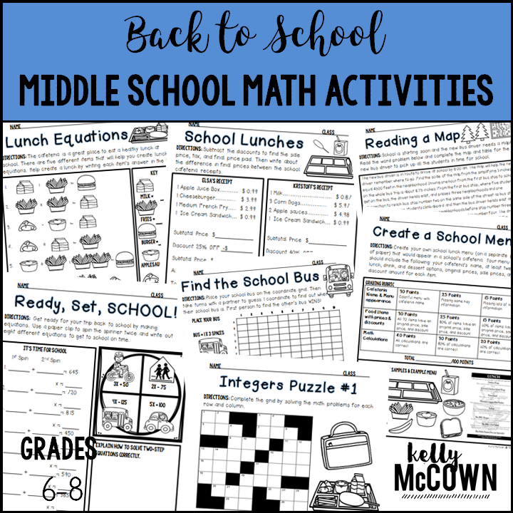 Kelly McCown Back To School Middle School Math Activities