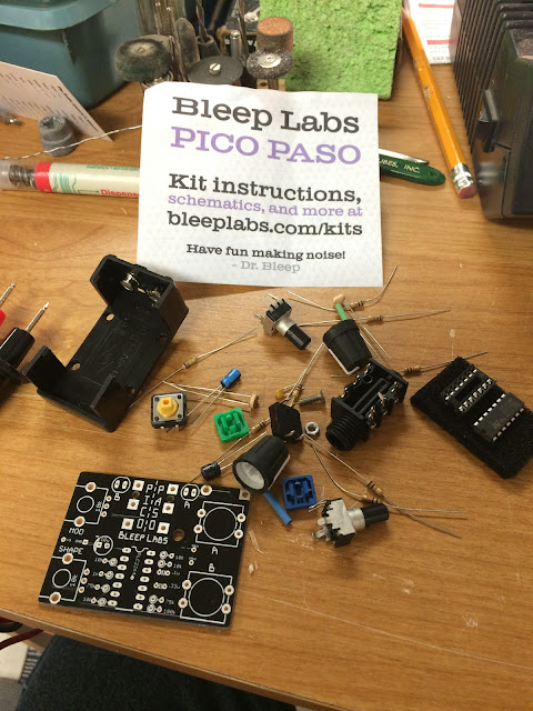This photograph shows the loose components and PCB prior to assembly for the bleeplabs.com Pico Paso kit