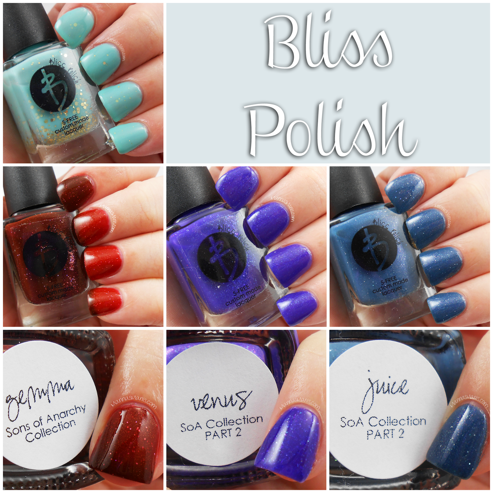 One of my favorite indie nail polishes, Bliss polish featuring swatches of Gemma, Juice, Venus, and Sweet Senti-mint
