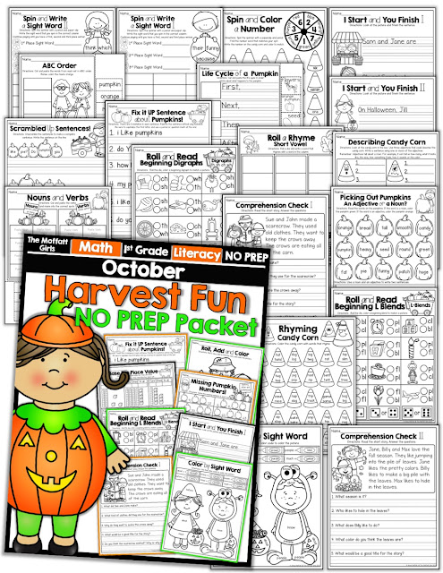 Teach addition, subtraction, sight words, phonics, grammar, handwriting and so much more with the October NO PREP Packet for First Grade!