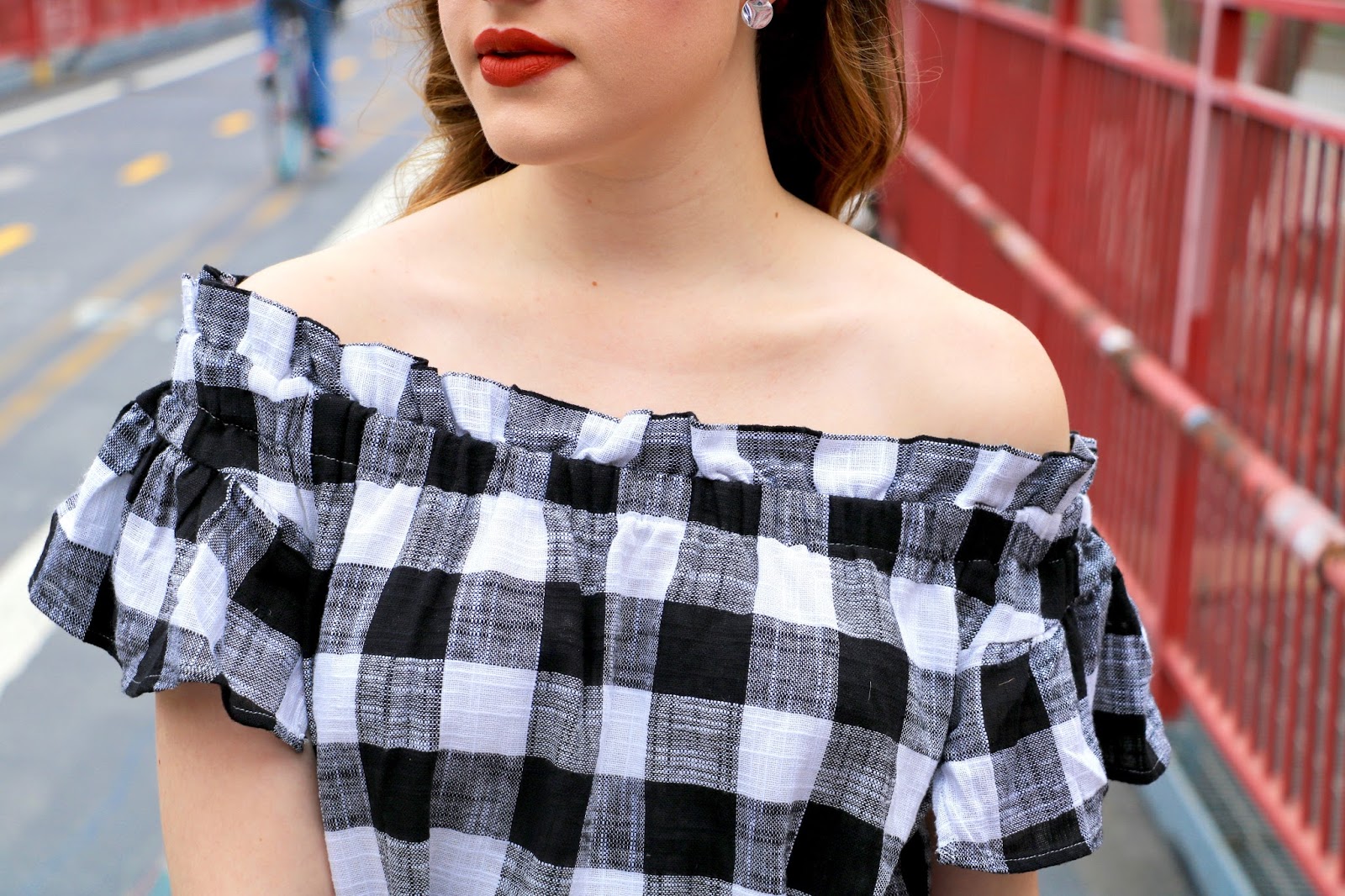 New York fashion blogger Kathleen Harper in gingham off-the-shoulder dress