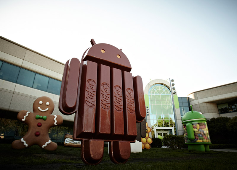 The Android KitKat statue at Google's Mountain View campus along with others representing previous operating systems, such as Gingerbread, Jelly Bean, Ice Cream Sandwich and cupcake