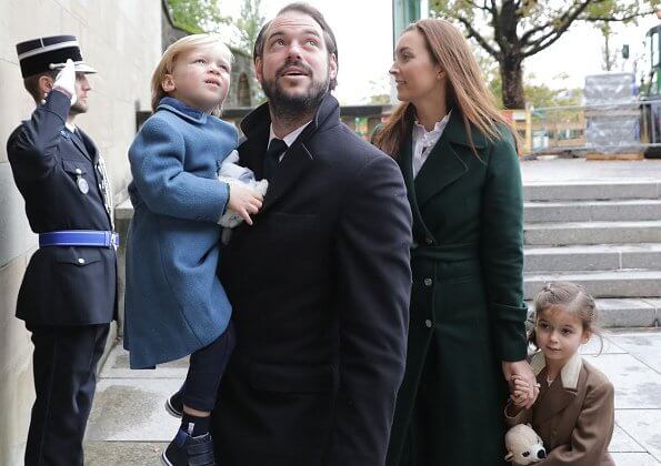 Prince Felix, Princess Claire and their children Princess Amalia and Prince Liam. Maria Teresa. Claire worn a green wool trench coat