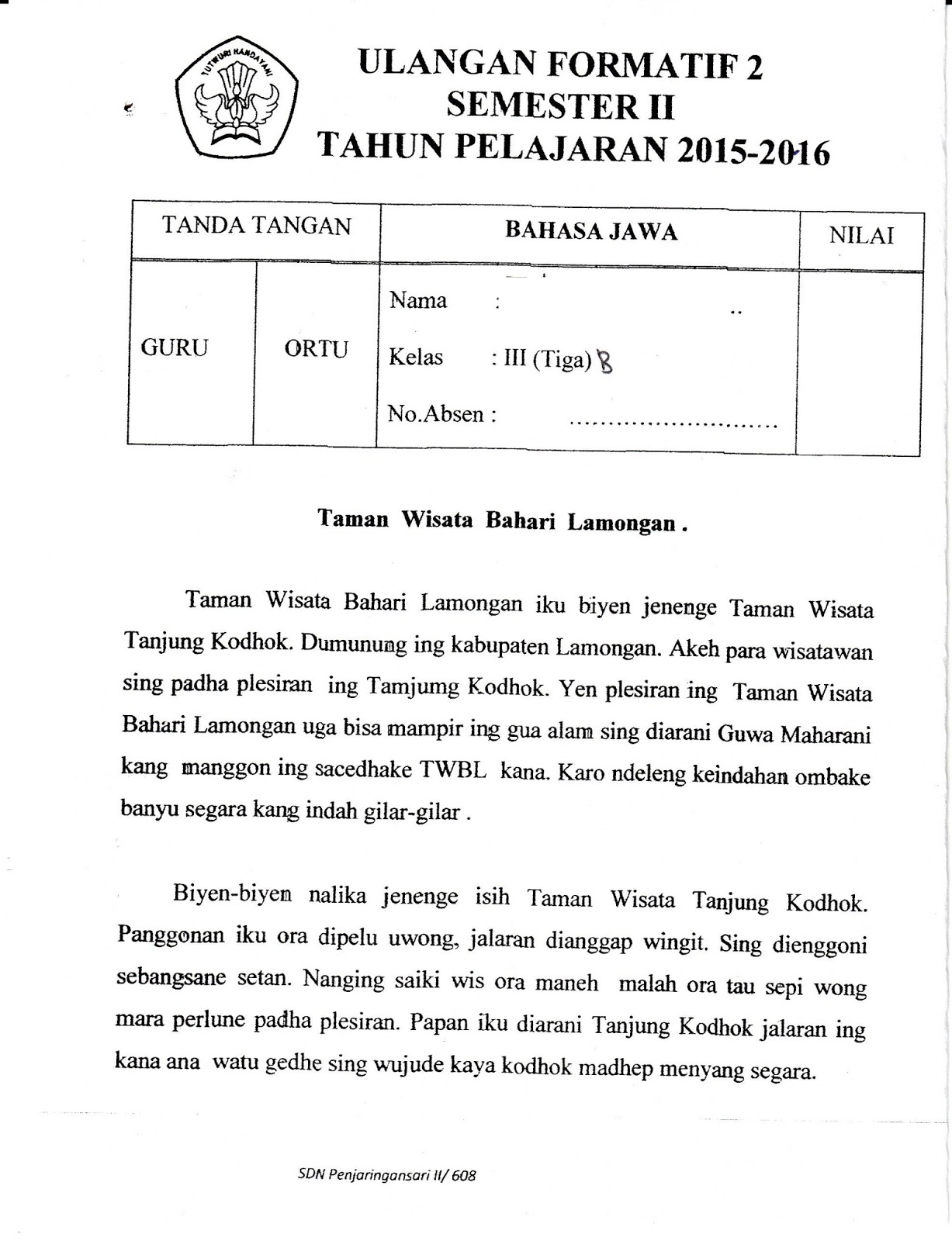 Formatif ke 2 Semester Genap Bahasa Jawa Kelas 3 SD Ta 2015 2016 Kurikulum 2013