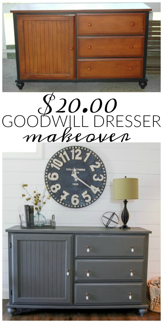 A $20.00 Goodwill dresser gets a major update with a few coats of paint and fun new knobs. www.littlehouseoffour.com