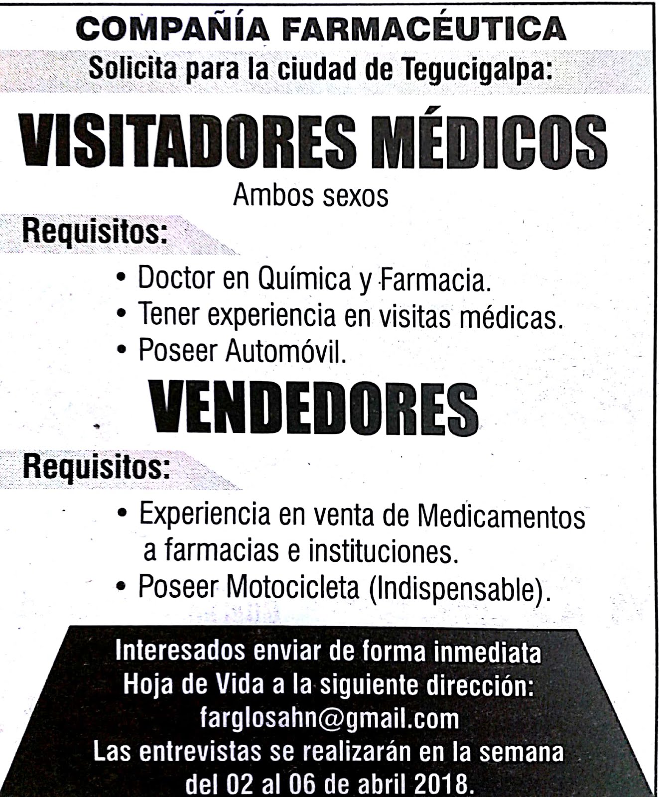 Visitadores Médicos / Vendedores Tegucigalpa