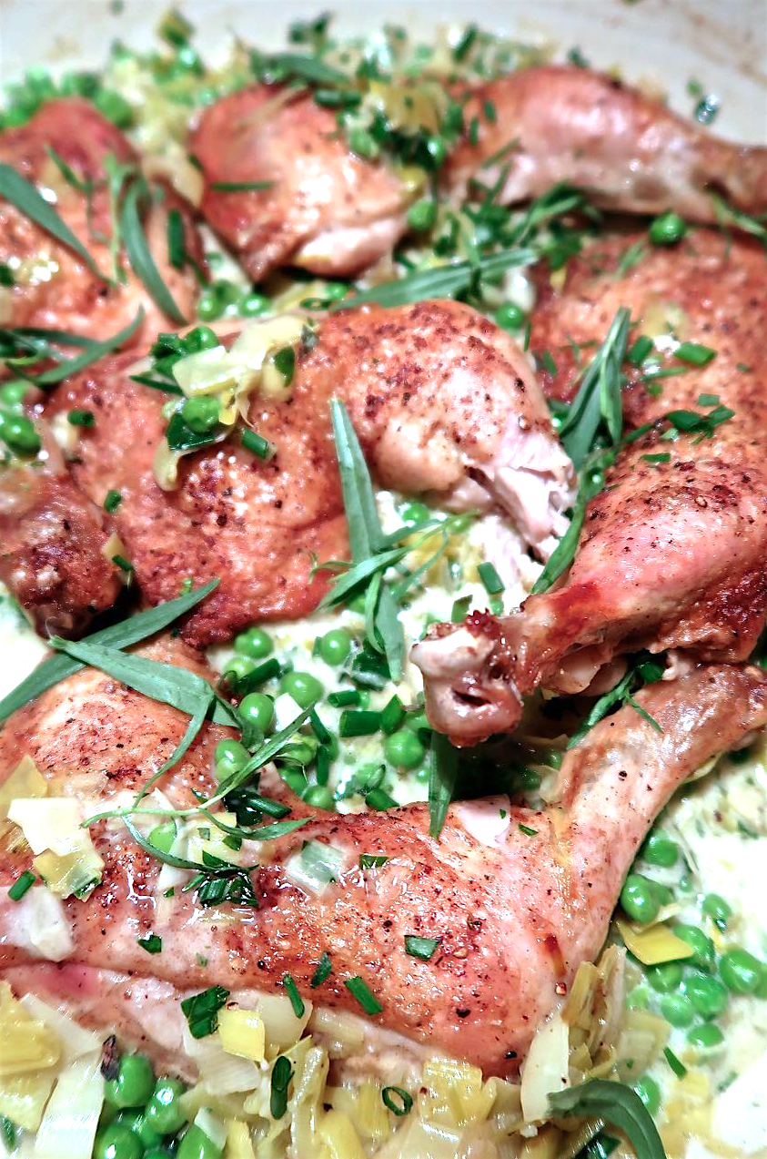 Scrumpdillyicious White BalsamicBraised Chicken with Leeks & Peas