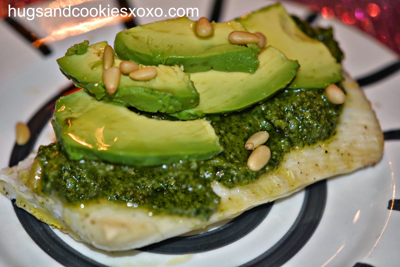HALIBUT WITH PESTO, AVOCADO & PIGNOLI NUTS Hugs and Cookies XOXO
