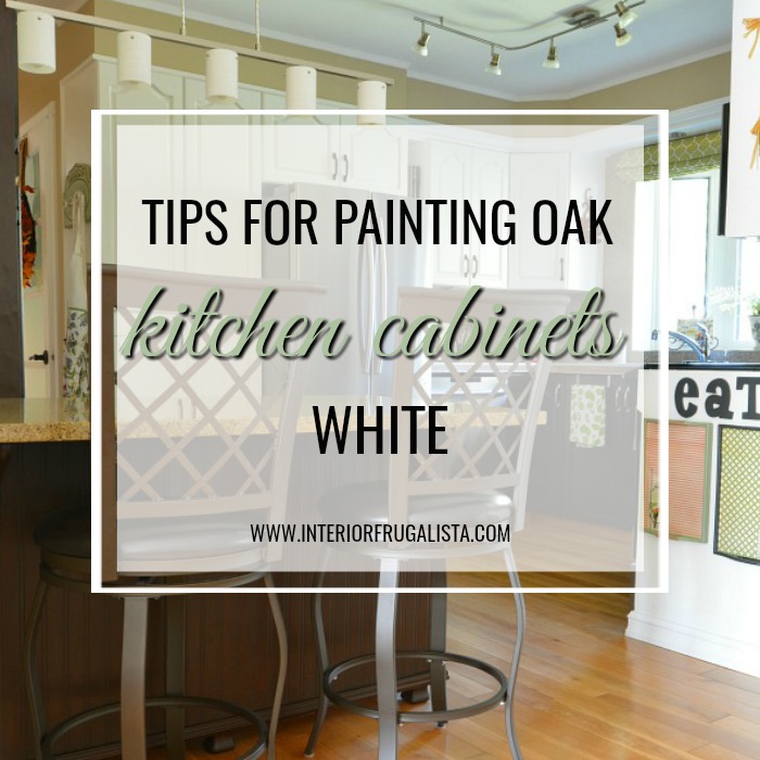 Helpful tips for painting golden oak kitchen cabinets white for a lasting finish plus a two-toned look for a budget-friendly kitchen makeover.