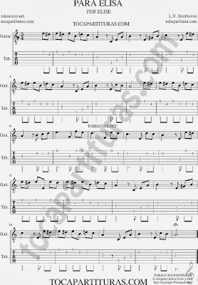 Para Elisa de Beethoven Tablaturas y partitura del Punteo de Guitarra (tabs) Per Elise Tabs sheets music for classical guitar video tutorial 