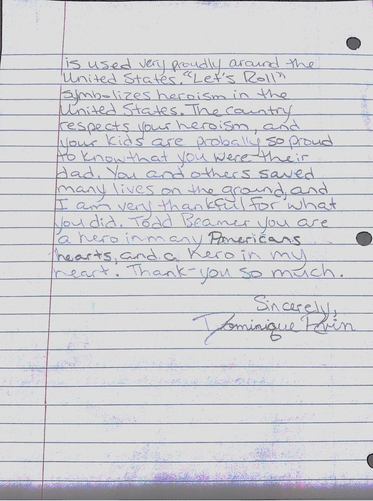 CJHS PonderLand Students Remember 9/11: 9/11 Hero Letter by Dominique A.