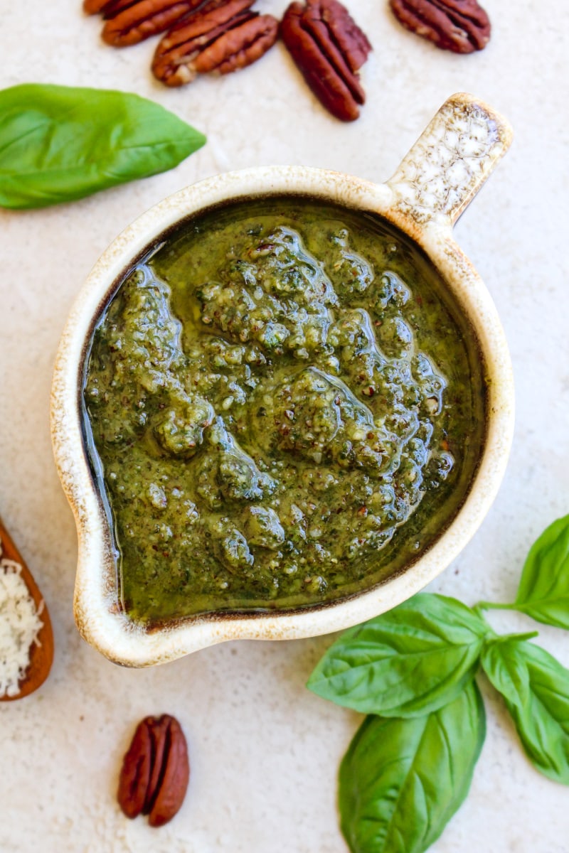 Pecan Basil Pesto | The Two Bite Club | #pesto #pecans Pecan Basil Pesto is a twist on traditional pesto that uses pecans instead of pine nuts. It is super versatile and can be used in so many ways! #pesto #pecans
