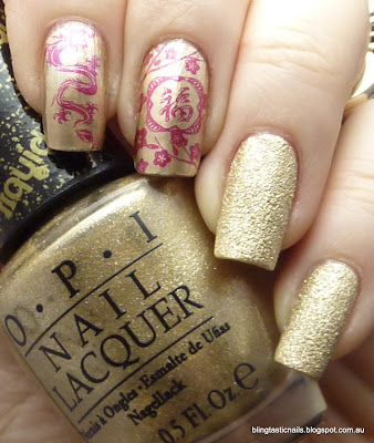OPI Honey Ryder with Essie As Good As Gold with stamping China Glaze Heli-yum
