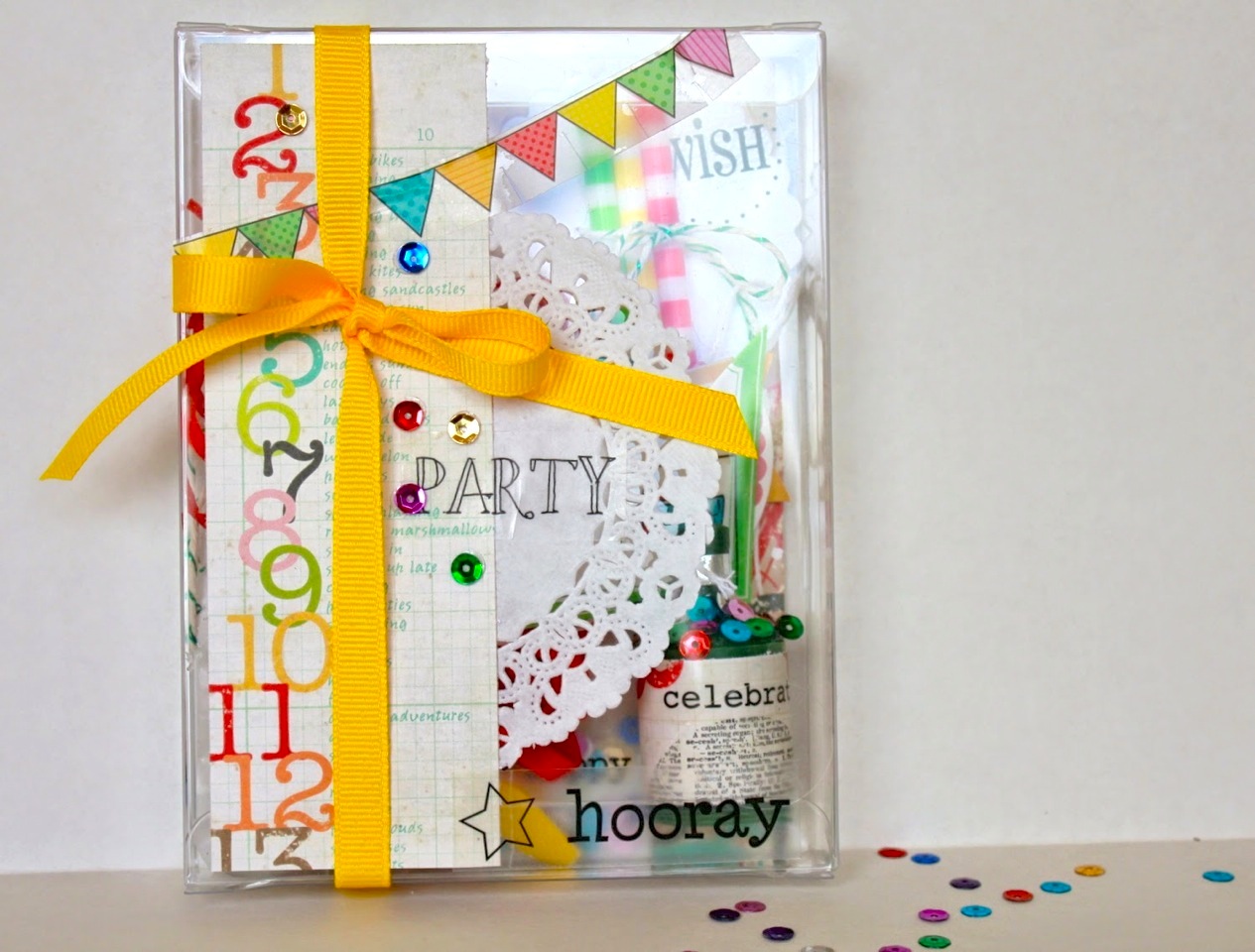 SRM Stickers Blog - Bitty Birthday Box by Shantaie - #birthday #gift #container #clear #A-2 #doily #stickers #twine #shimmer