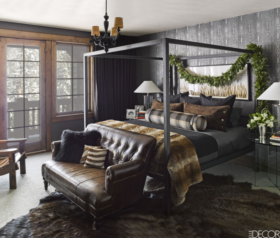 Luxurious bedroom dark walls Ken Fulk Montana ski house halfway house yellowstone Elvis suite leather