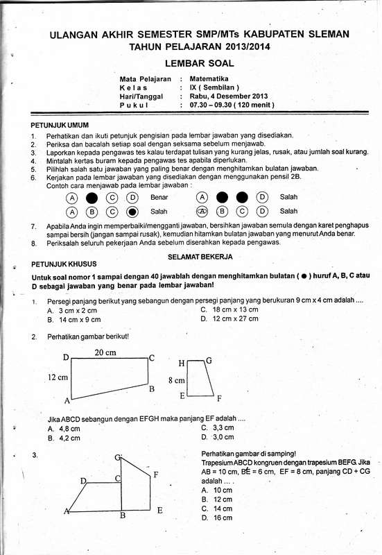 Soal Mtk Kelas 9 Semester 1 Doc