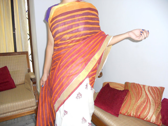 This one is done on a plain kasavu saree or Kerala saree see the golden 