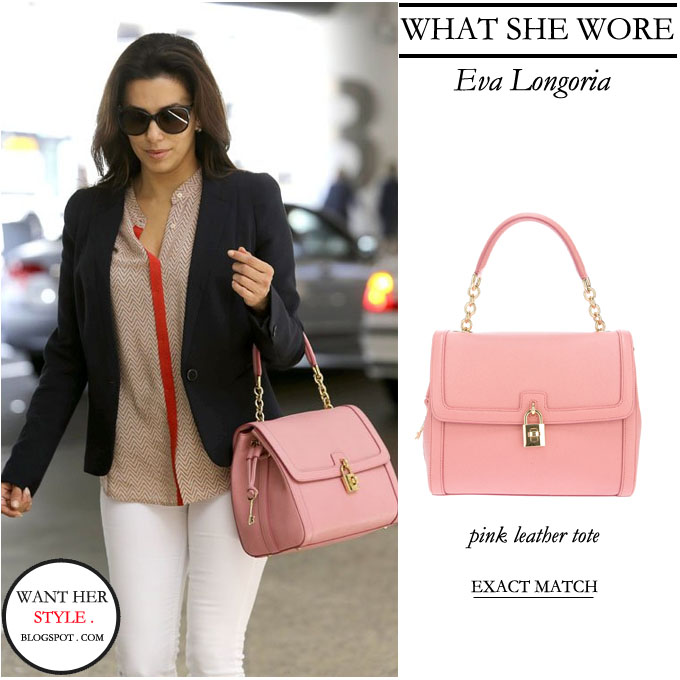 WHAT SHE WORE: Eva Longoria with pink leather padlock tote at LAX on ...
