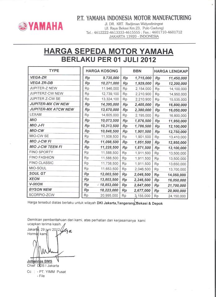 Harga Motor Yamaha Juli 2012 Lengkap - Serikat Gembel