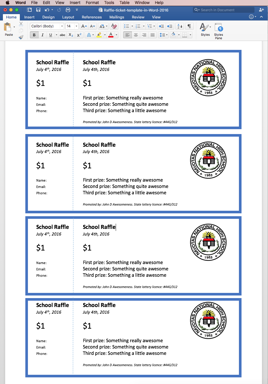 Template For Numbered Raffle Tickets In Word