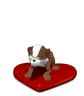 Animation of a dog jumping on a heart pillow